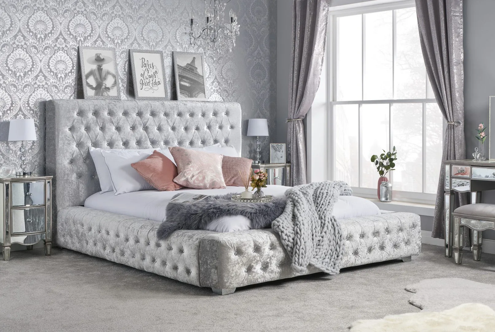 Double Bed Frame with Buttoned Headboard - Grey image