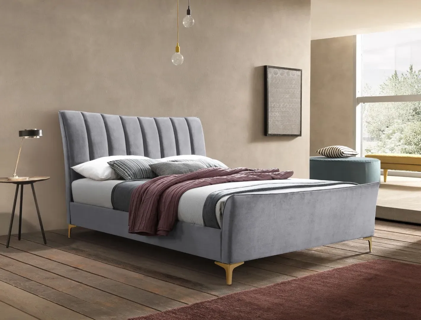 Double Bed Frame with Cushioned Headboard - Grey image
