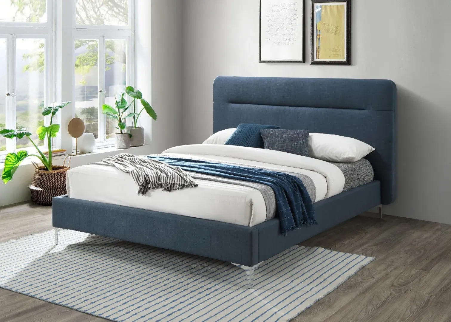 Double Bed Frame with Headboard - Blue, Fabric image