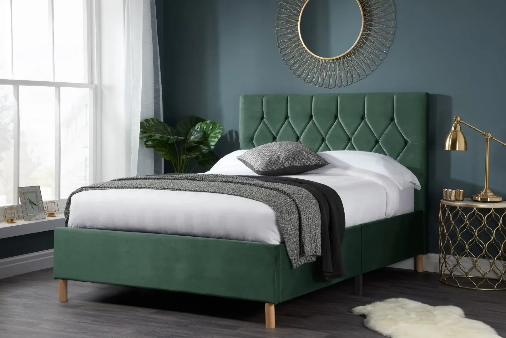 Double Bed Frame with Headboard - Green, Fabric image