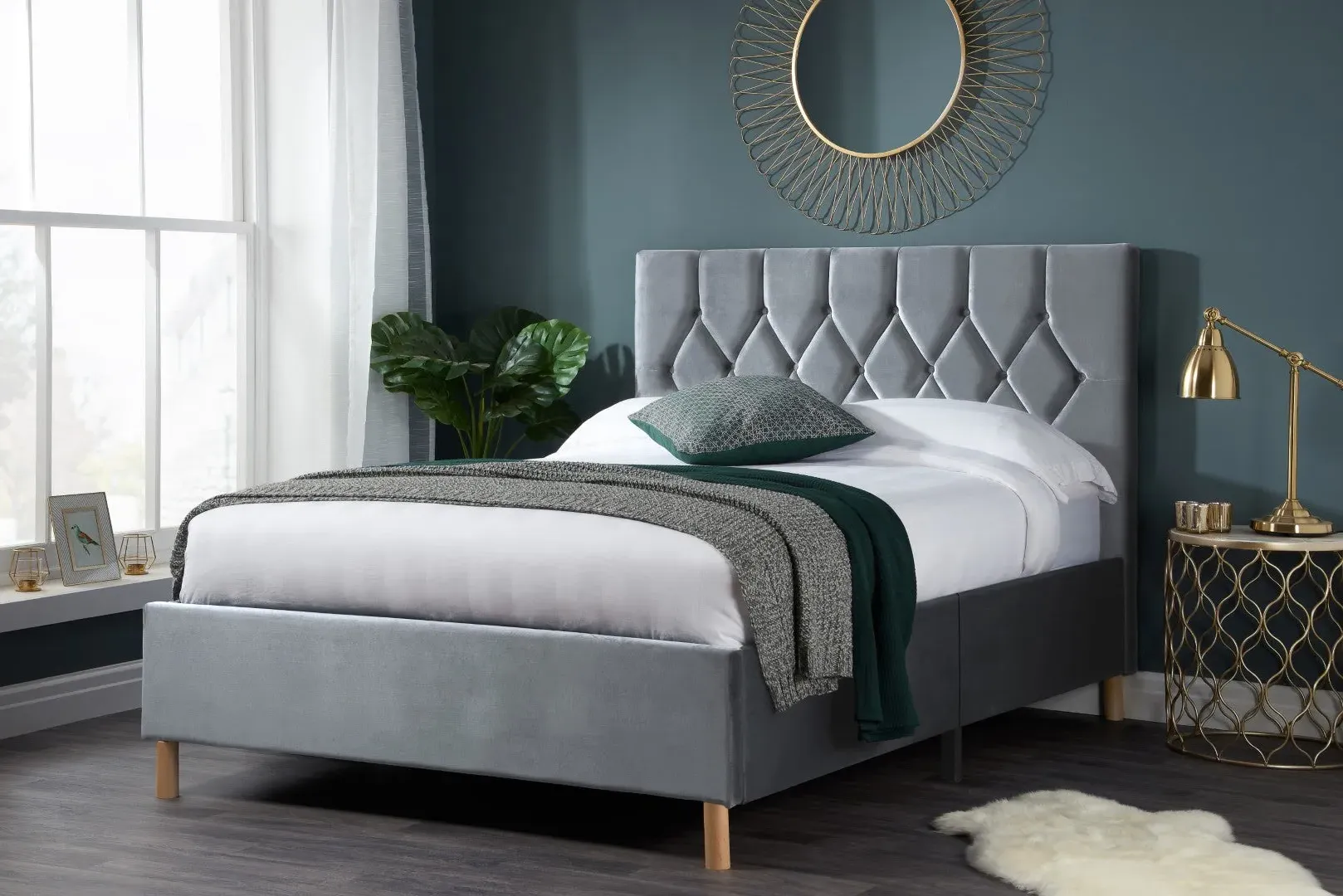 Double Bed Frame with Headboard - Grey, Fabric image