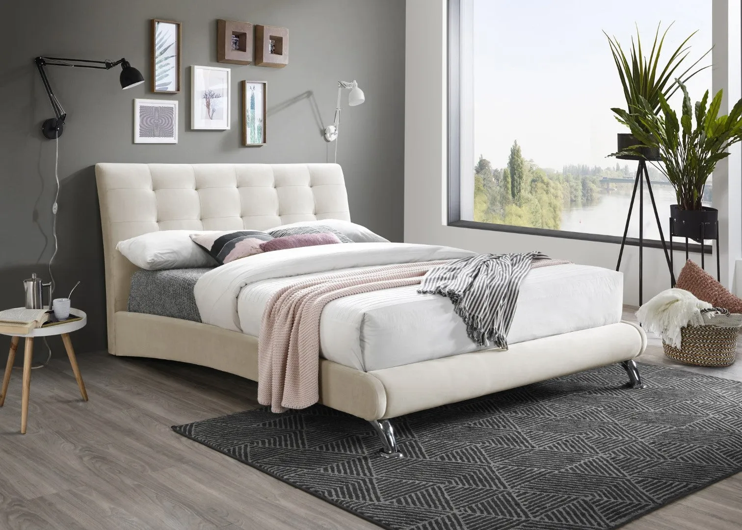 Double Bed Frame with Headboard - Stone, Fabric image