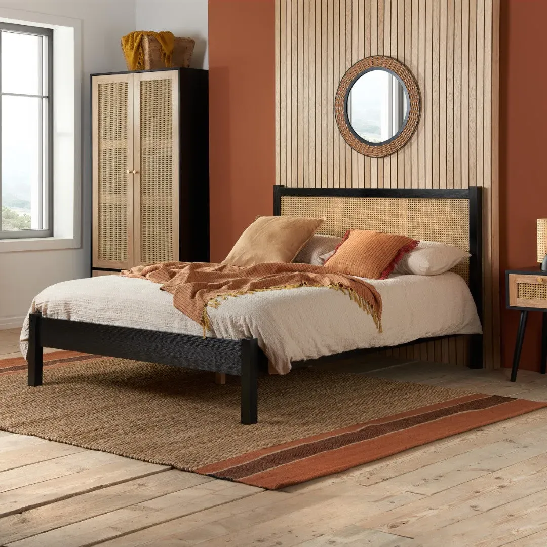 Double Bed Frame with Rattan - Black, Oak