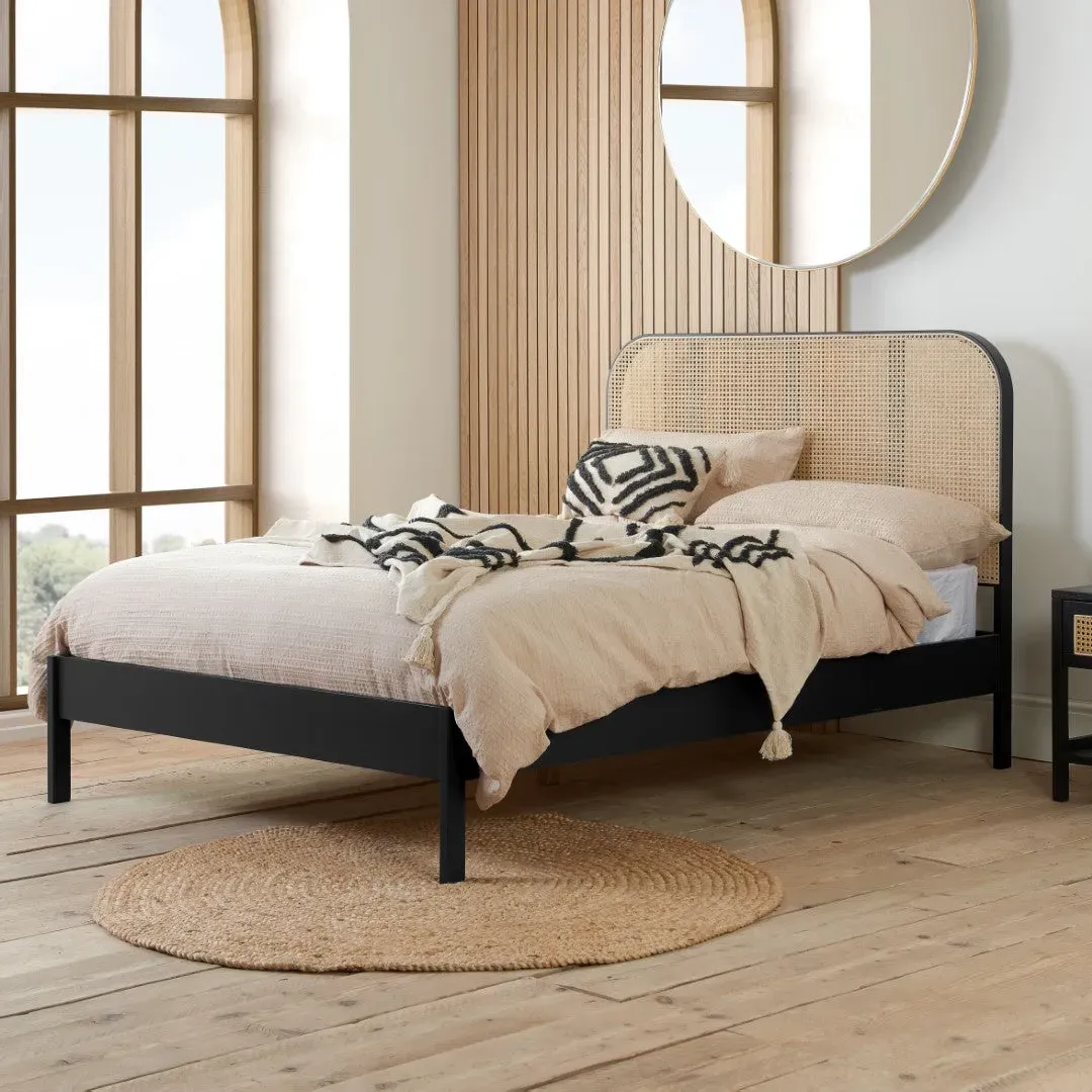 Double Bed Frame with Rattan Headboard - Black, Oak image