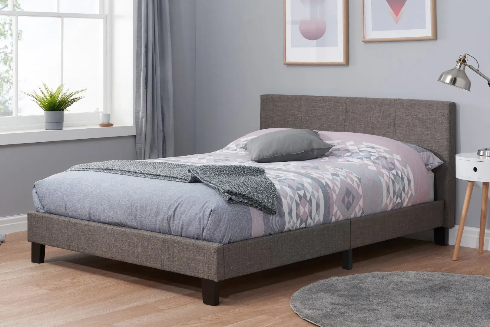 Double Bed Frame with Sprung Slats - Grey, Fabric image