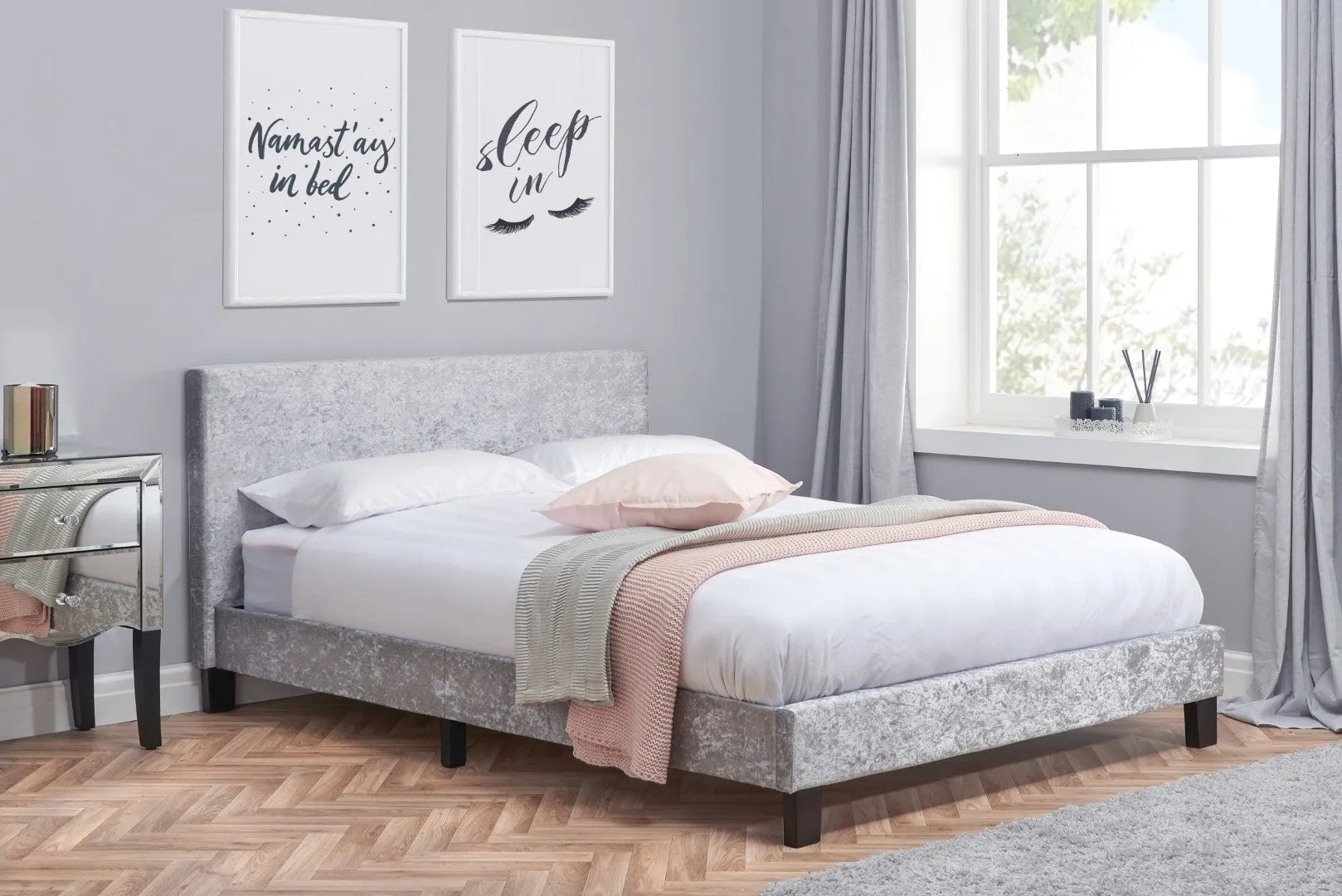Double Bed Frame with Sprung Slats - Steel, Velvet