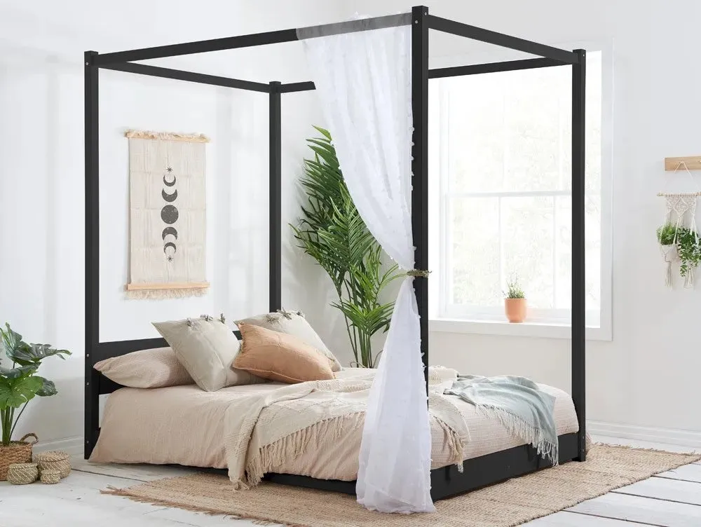 Double Four Poster Bed Frame - Black, Pine image