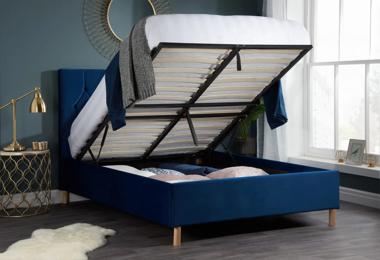 Double Ottoman Bed with Storage - Blue, Fabric image