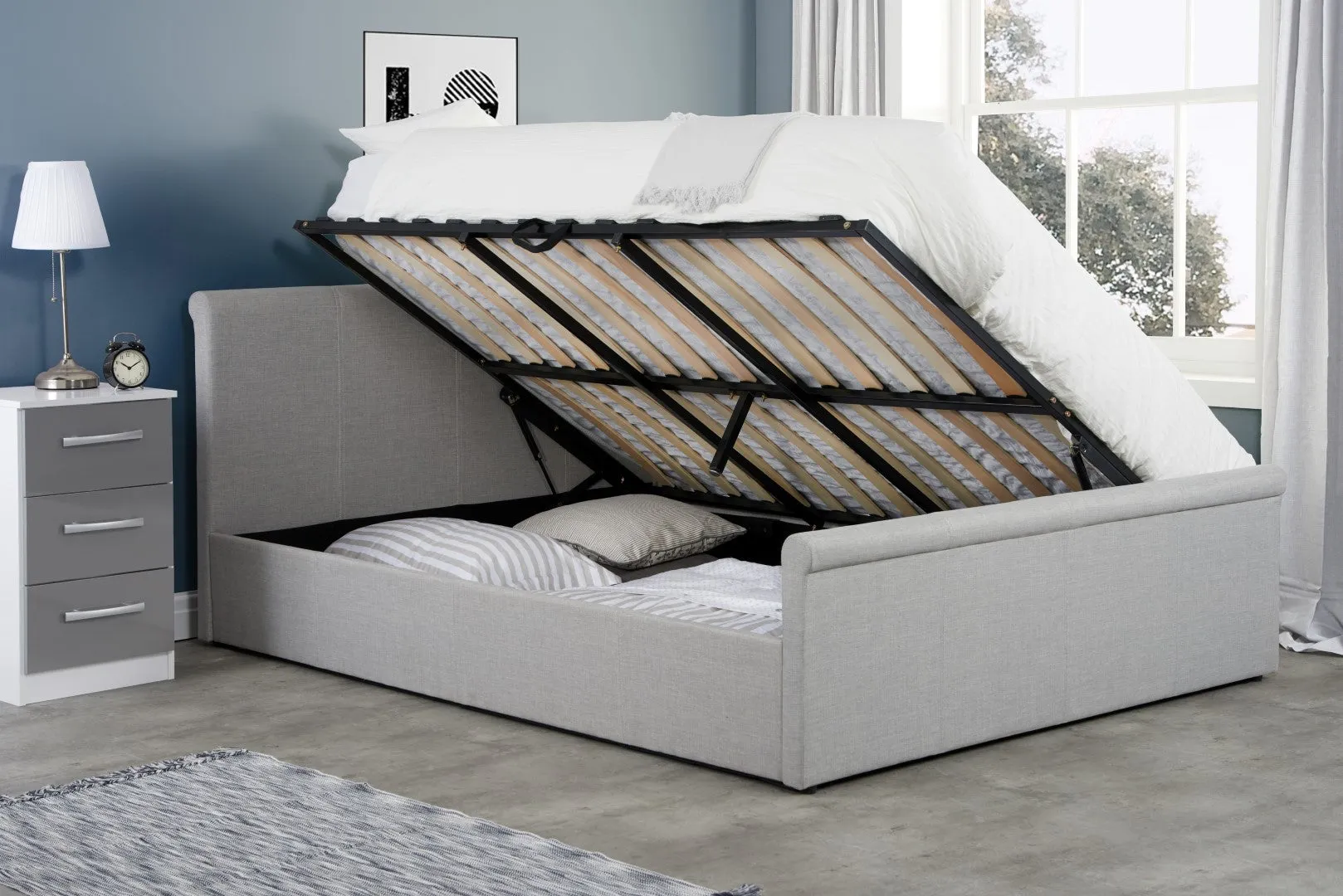 Double Ottoman Bed with Storage - Grey, Fabric