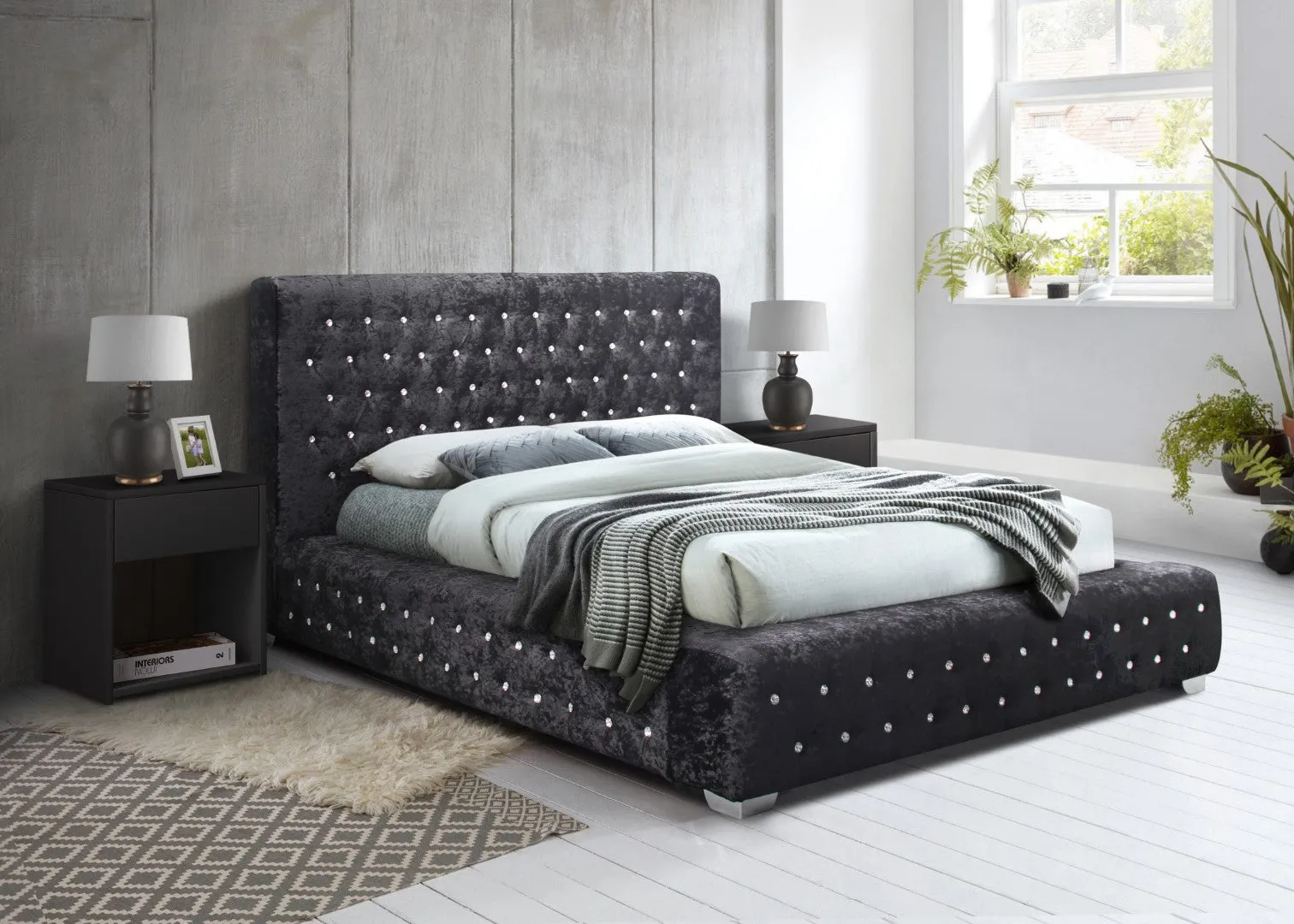 King Size Bed Frame with Buttoned Headboard - Black