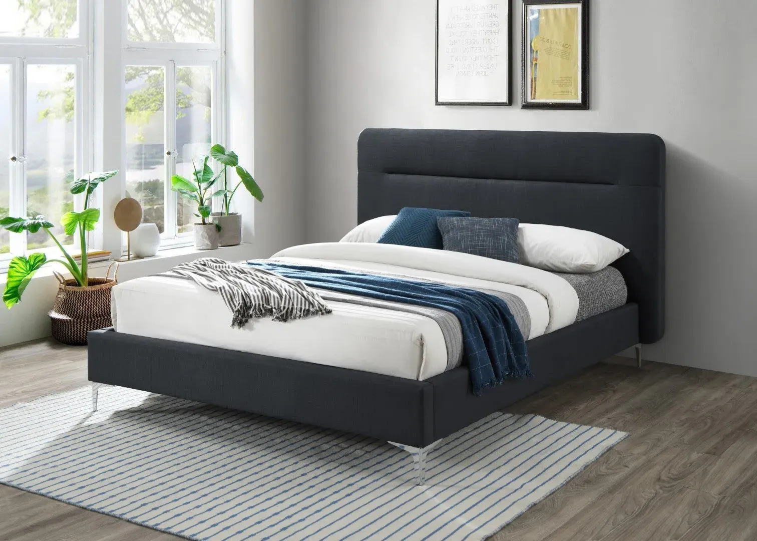 King Size Bed Frame with Headboard - Charcoal, Fabric