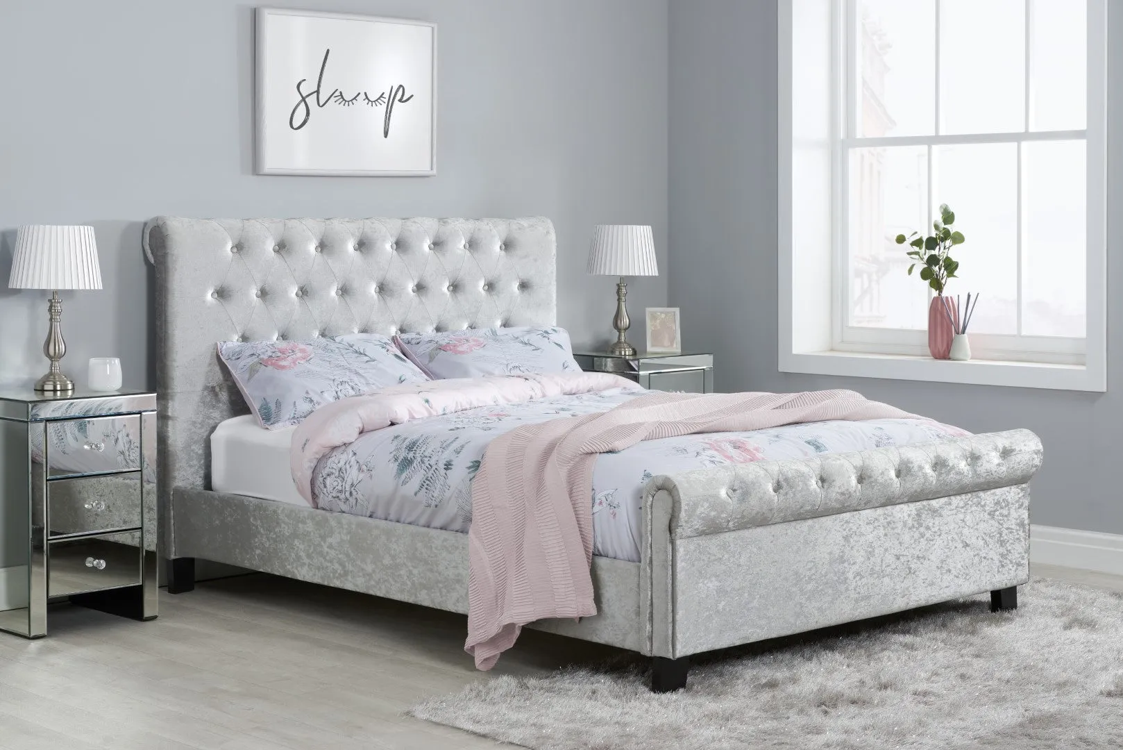 King Size Bed Frame with Headboard - Grey, Fabric