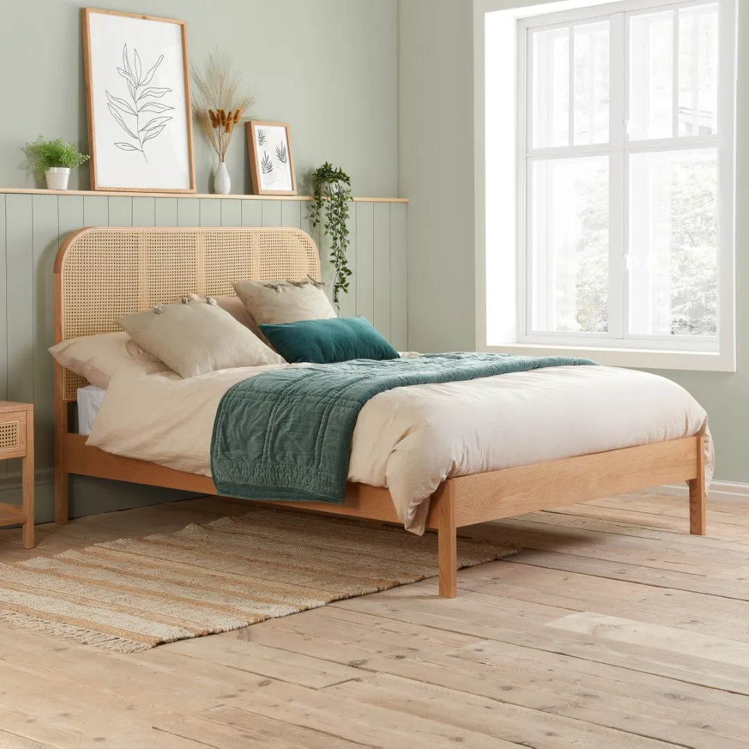 King Size Bed Frame with Rattan Headboard - Oak
