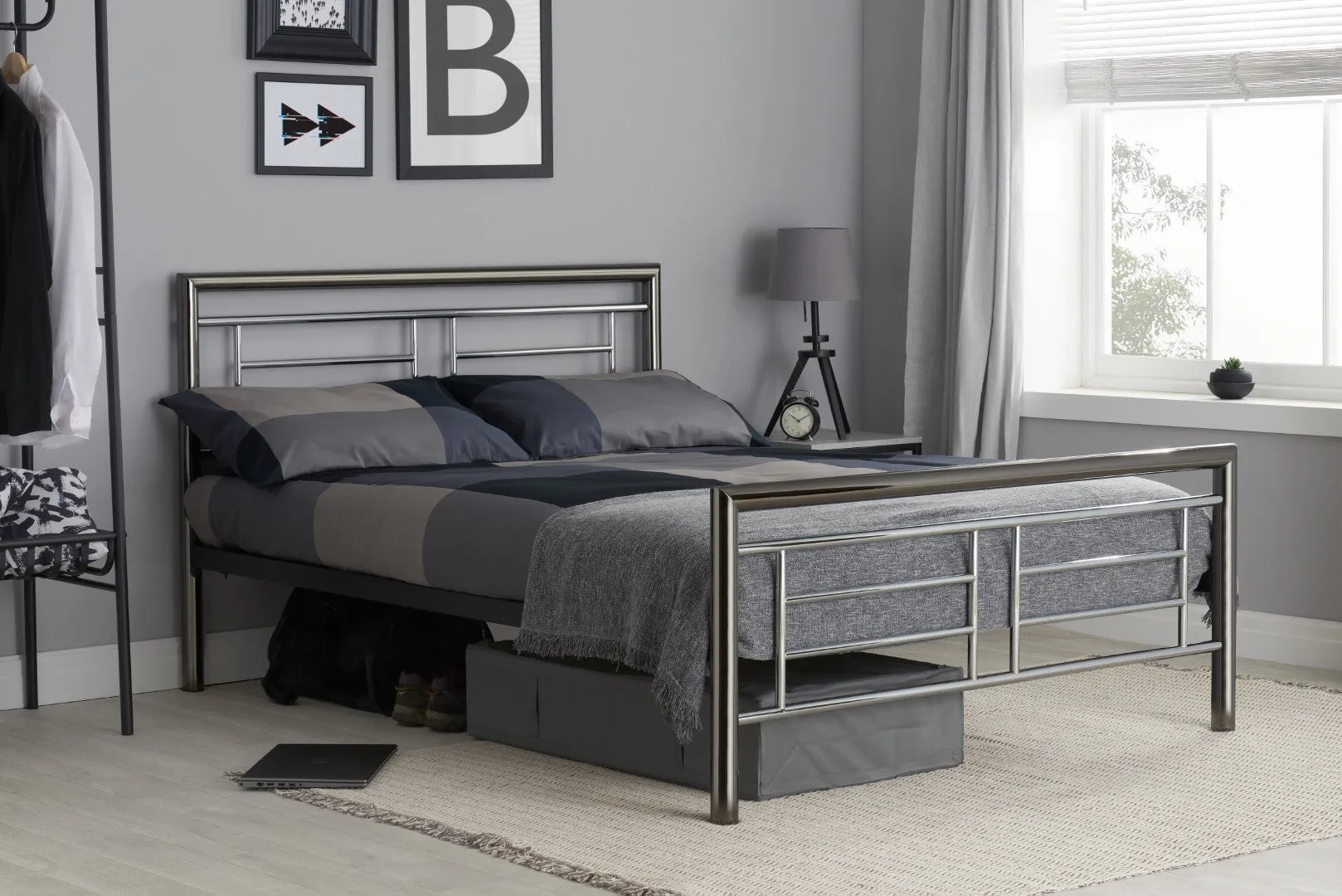 King Size Bed Frame with Sprung Slats - Silver, Metal