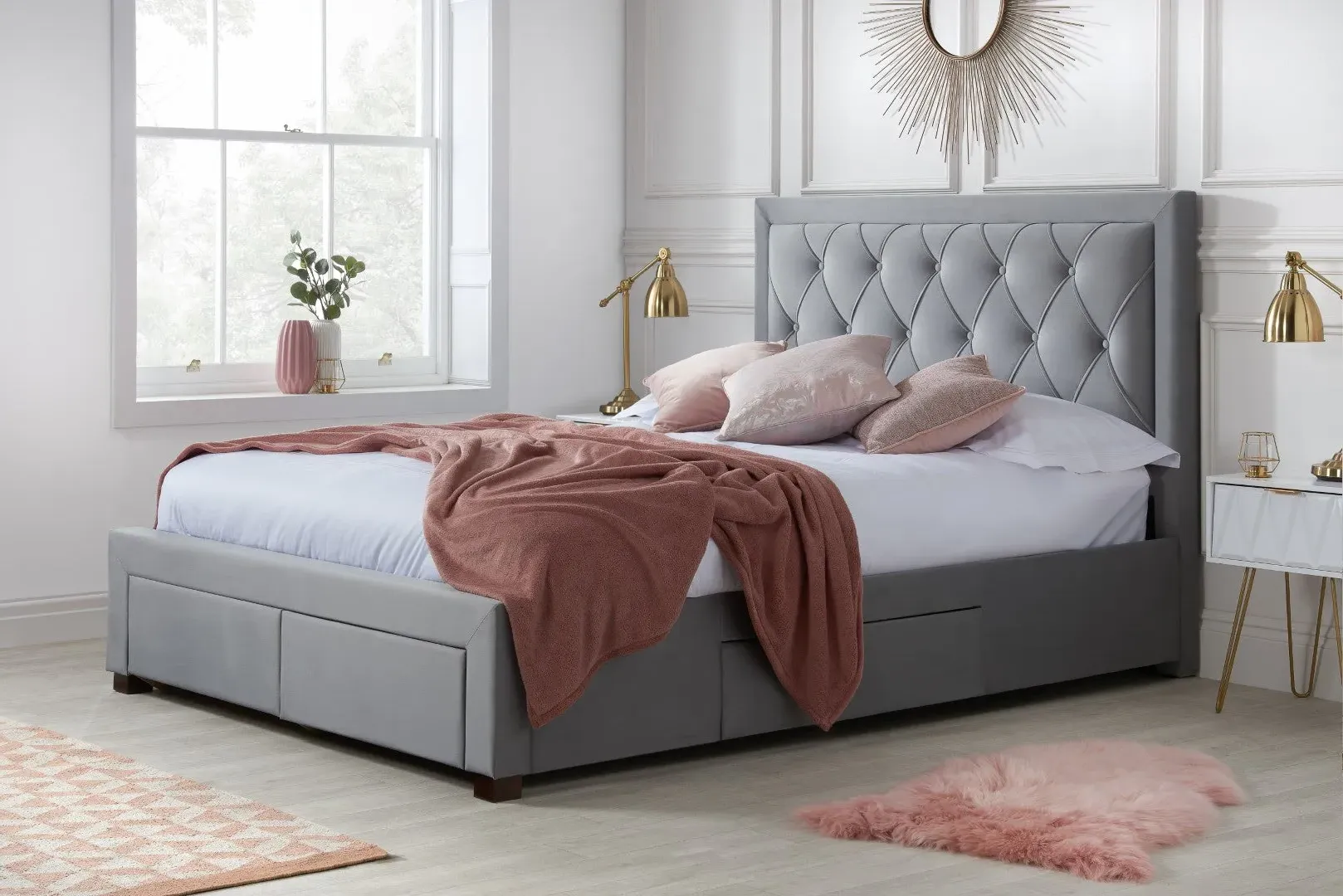 King Size Bed Frame with Storage - Grey, Fabric