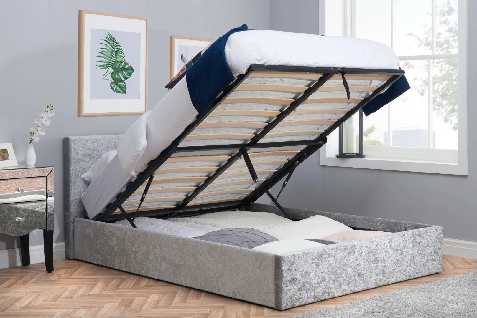 King Size Ottoman Bed with Storage - Steel, Velvet