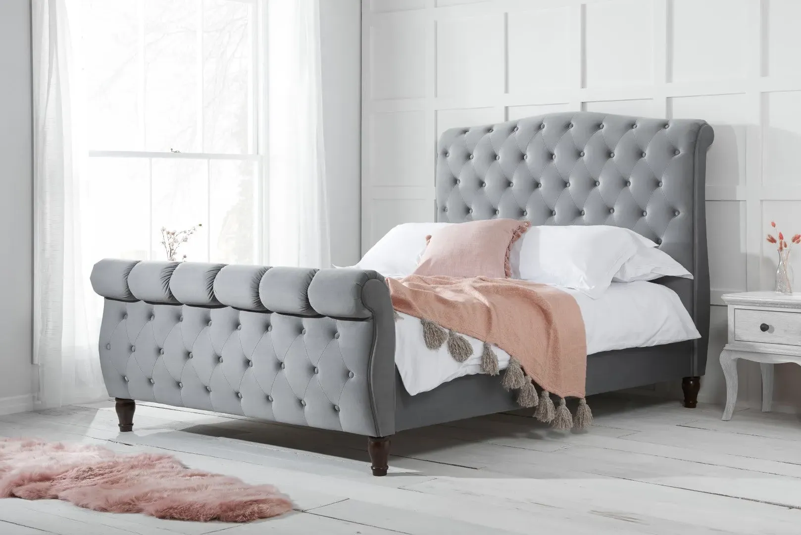 King Size Sleigh Bed Frame - Grey, Fabric