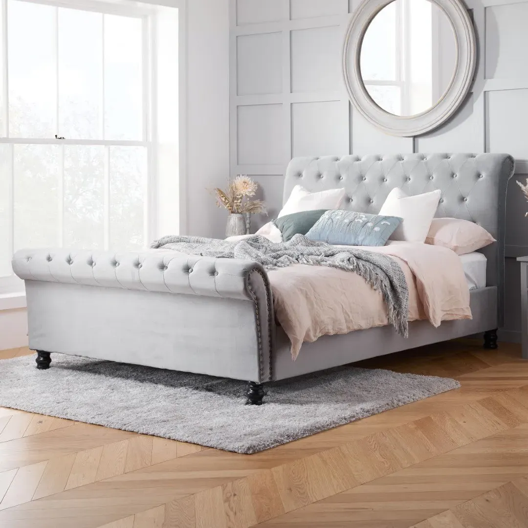 King Size Sleigh Bed Frame - Grey, Velvet Fabric