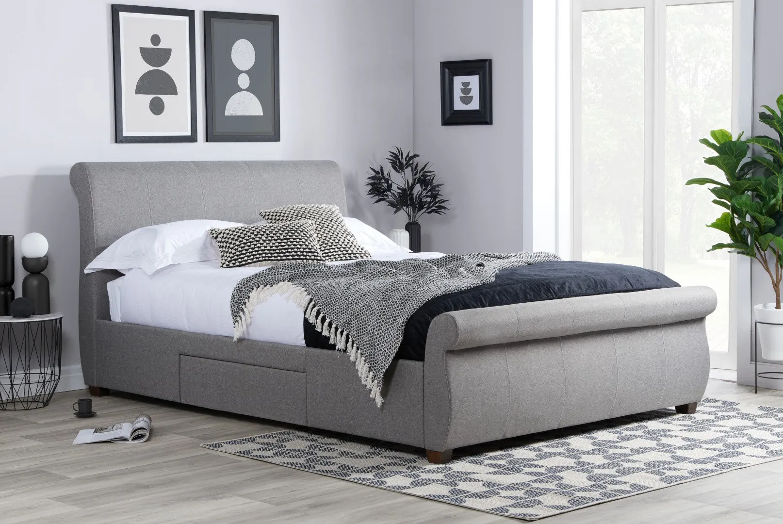King Size Sleigh Bed with Storage - Grey, Fabric