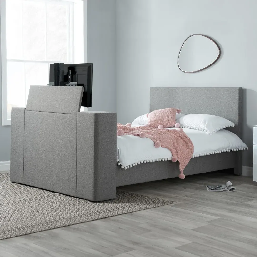 King Size TV Bed Frame with Storage - Grey, Fabric