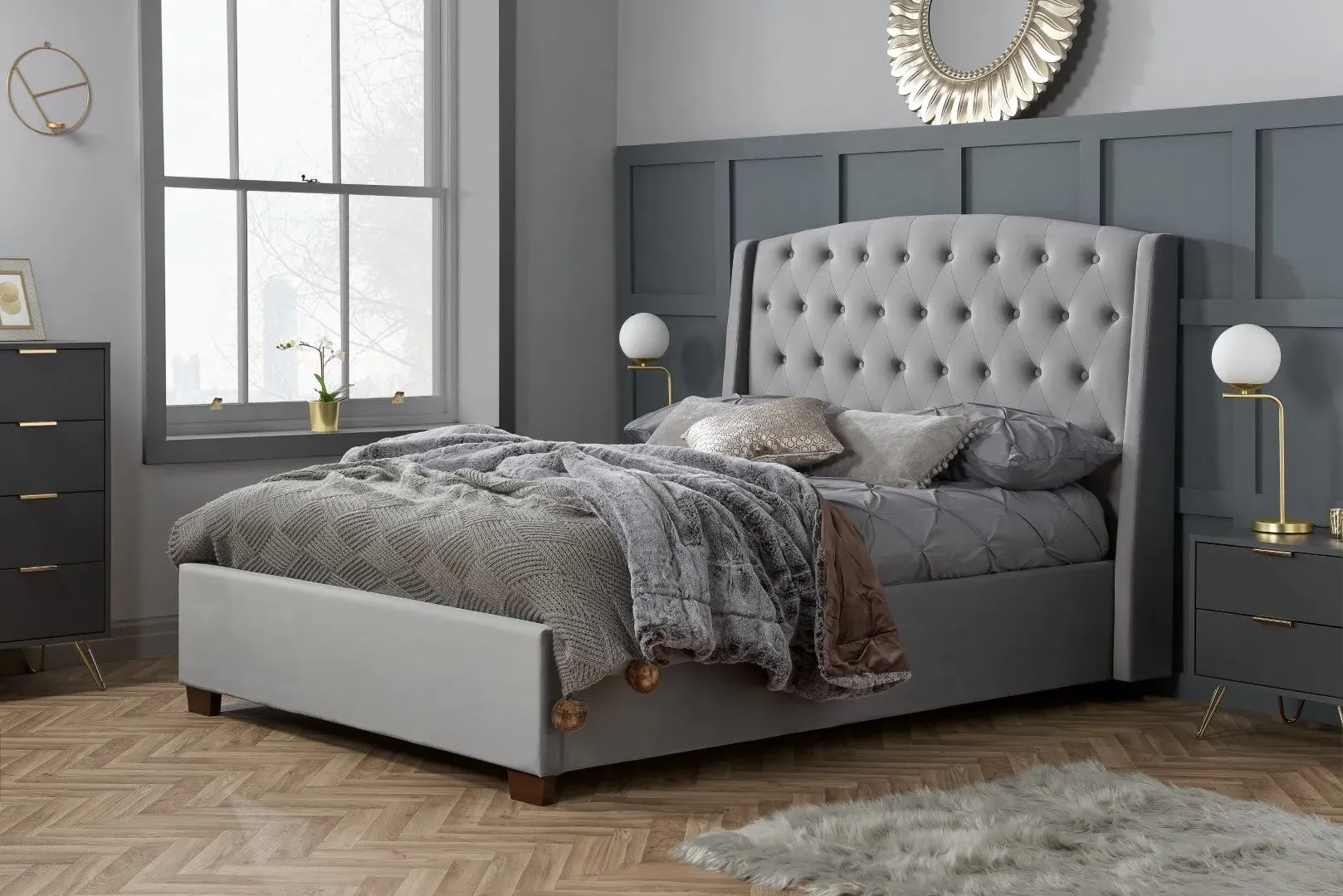 King Size Wingback Bed Frame - Grey, Velvet image