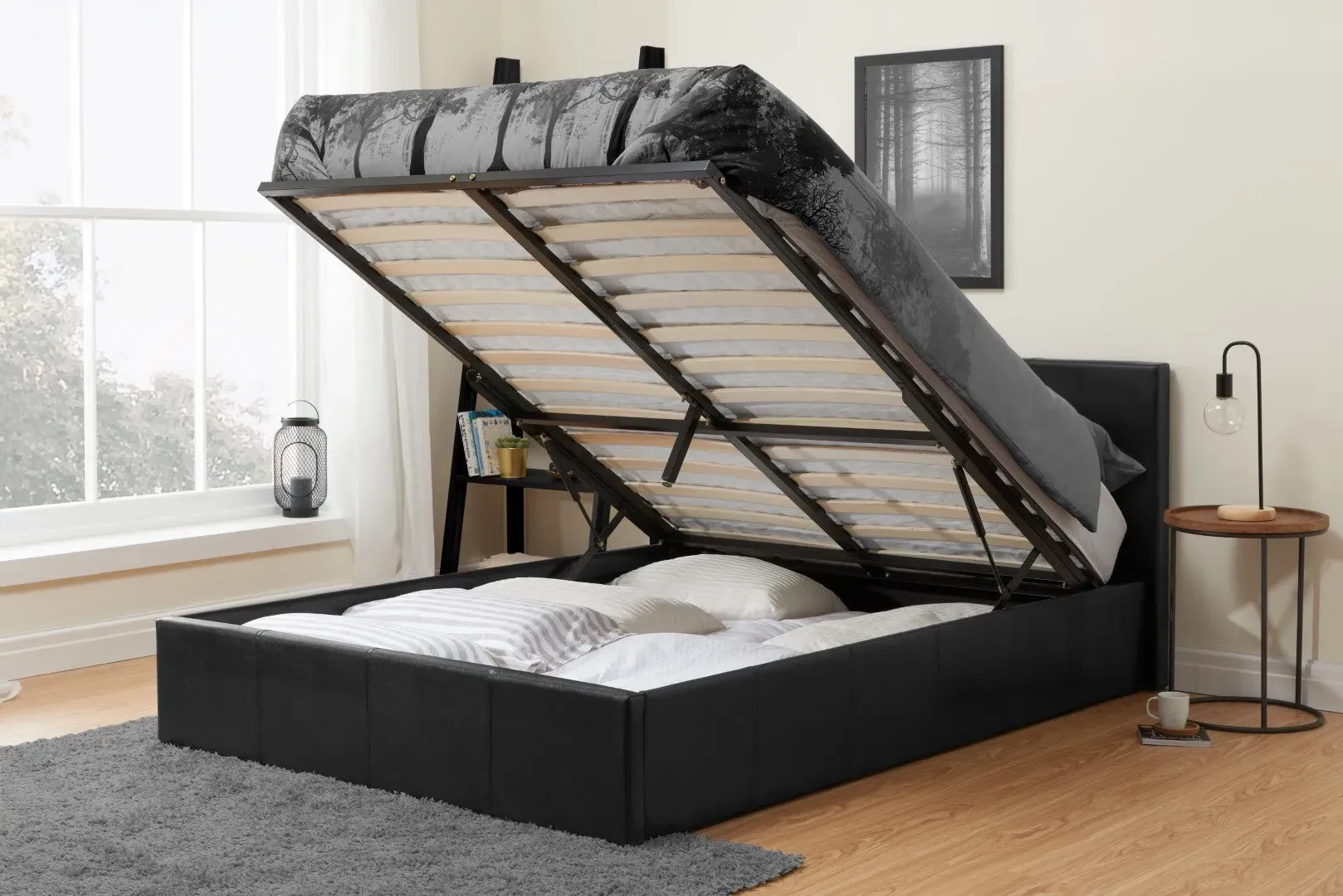 Kingsize Ottoman Bed with Storage - Black, Faux Leather