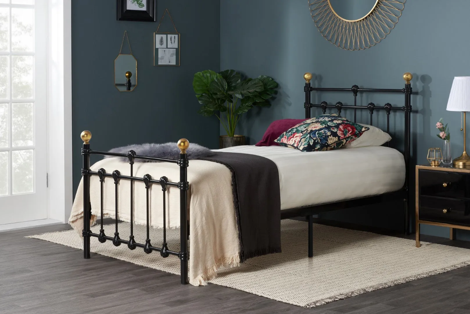 Single Bed Frame with Brass Finials - Black, Metal image