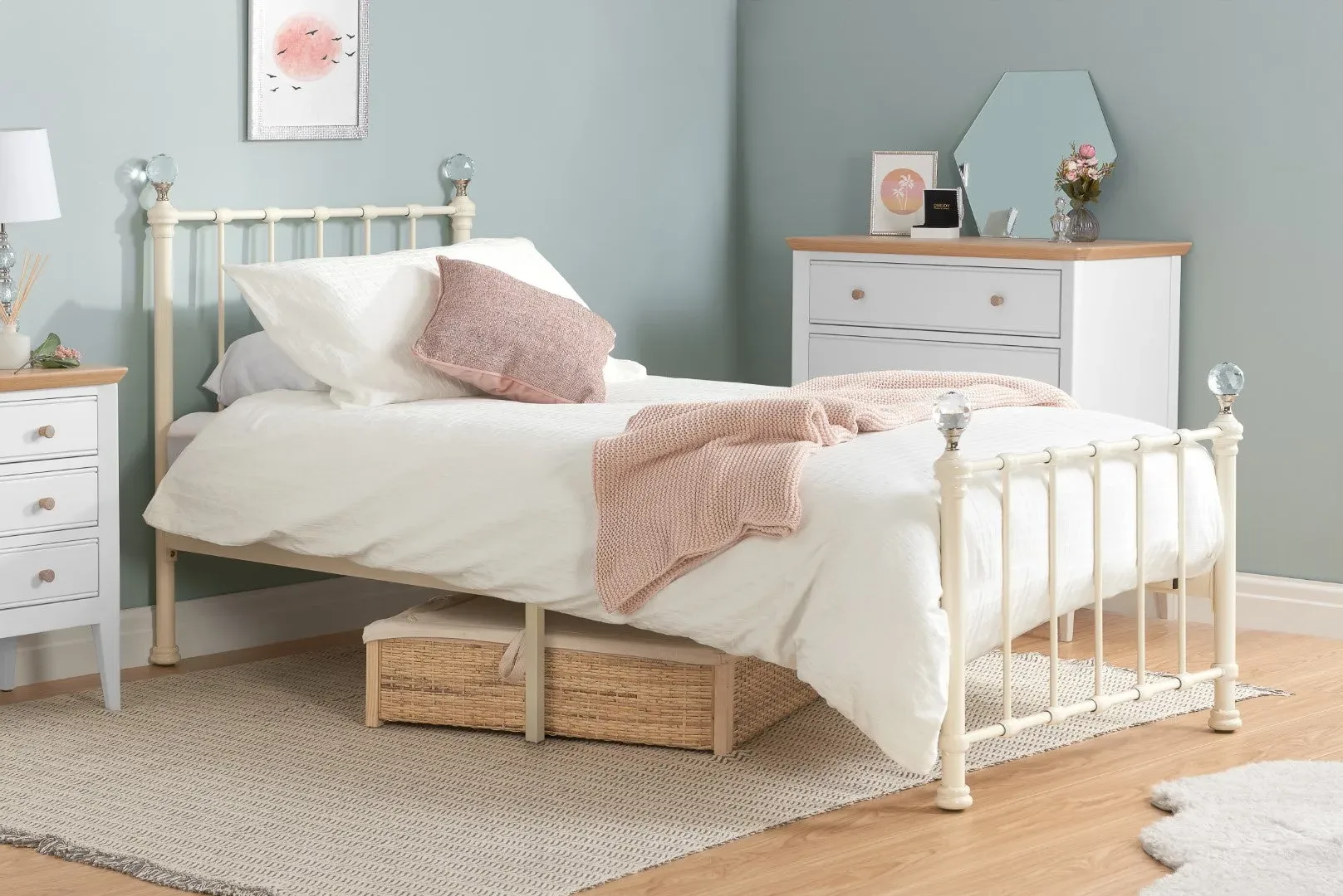 Single Metal Bed Frame with Crystal Finials - White image