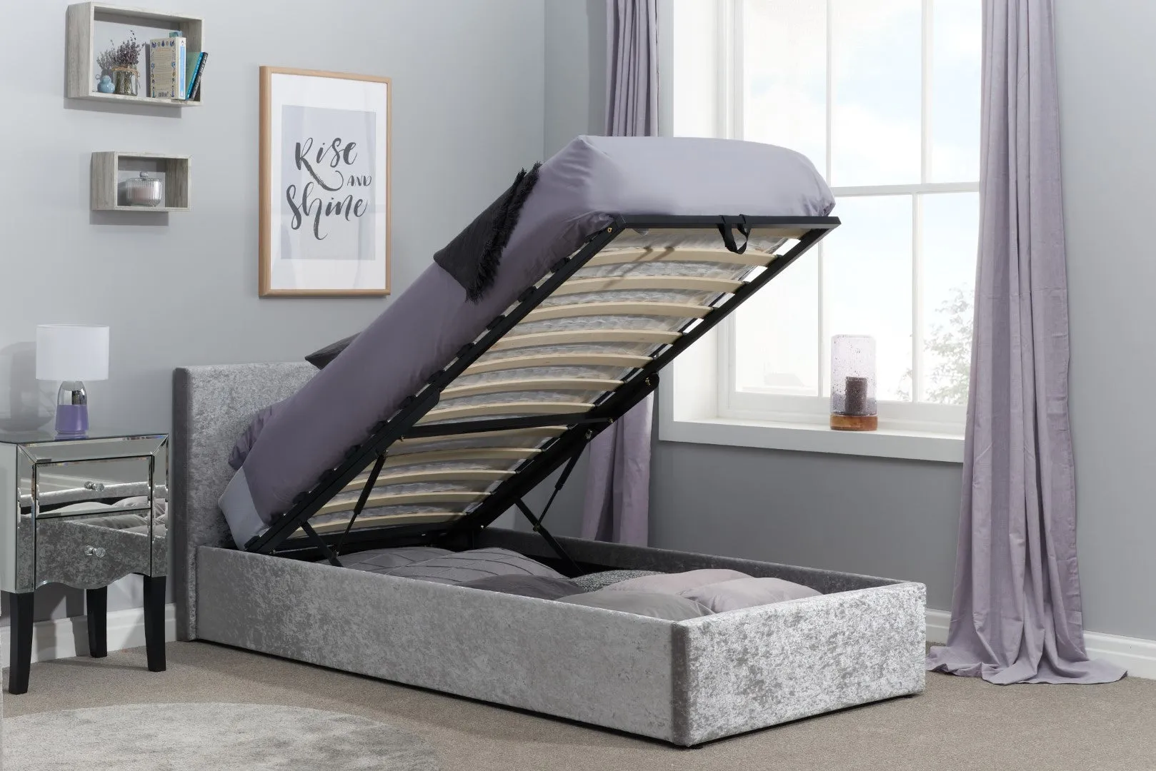 Single Ottoman Bed with Storage - Steel, Velvet image