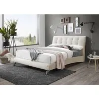 Small Double Bed Frame with Headboard - Stone, Fabric
