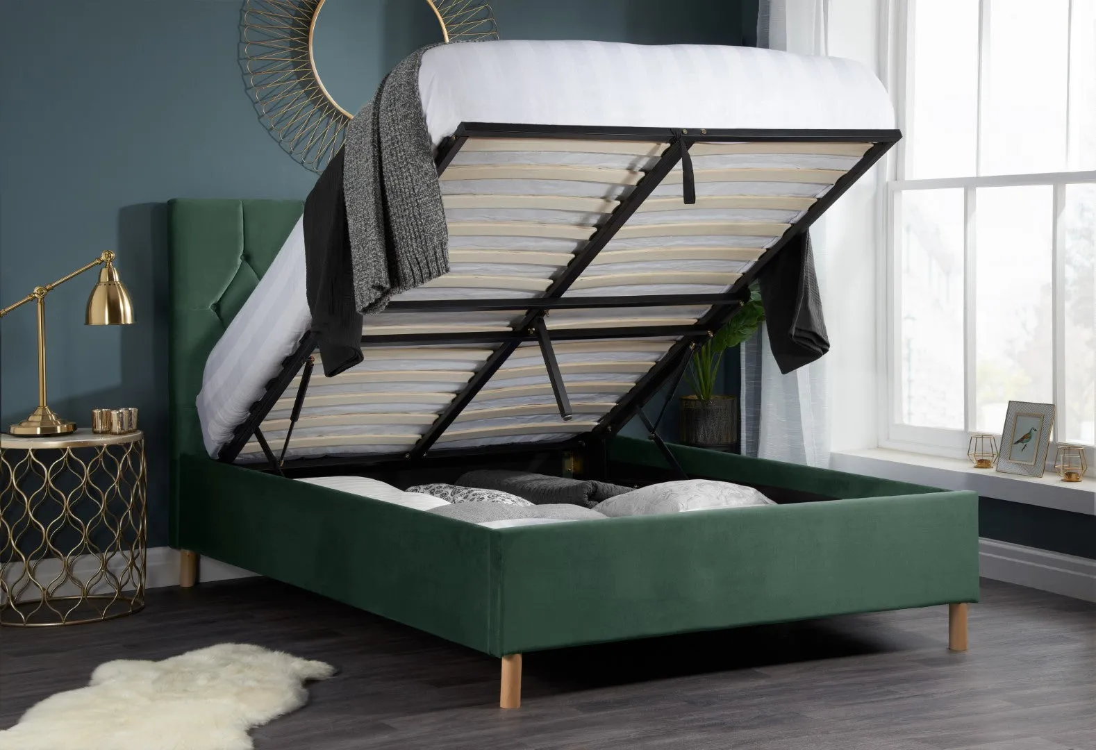 Small Double Ottoman Bed Frame - Green, Fabric image