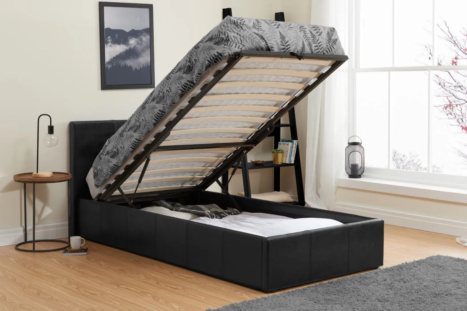 Small Double Ottoman Bed with Storage - Black, Faux Leather
