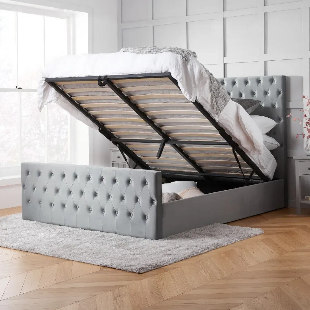 Super King Ottoman Bed with Storage - Grey, Velvet