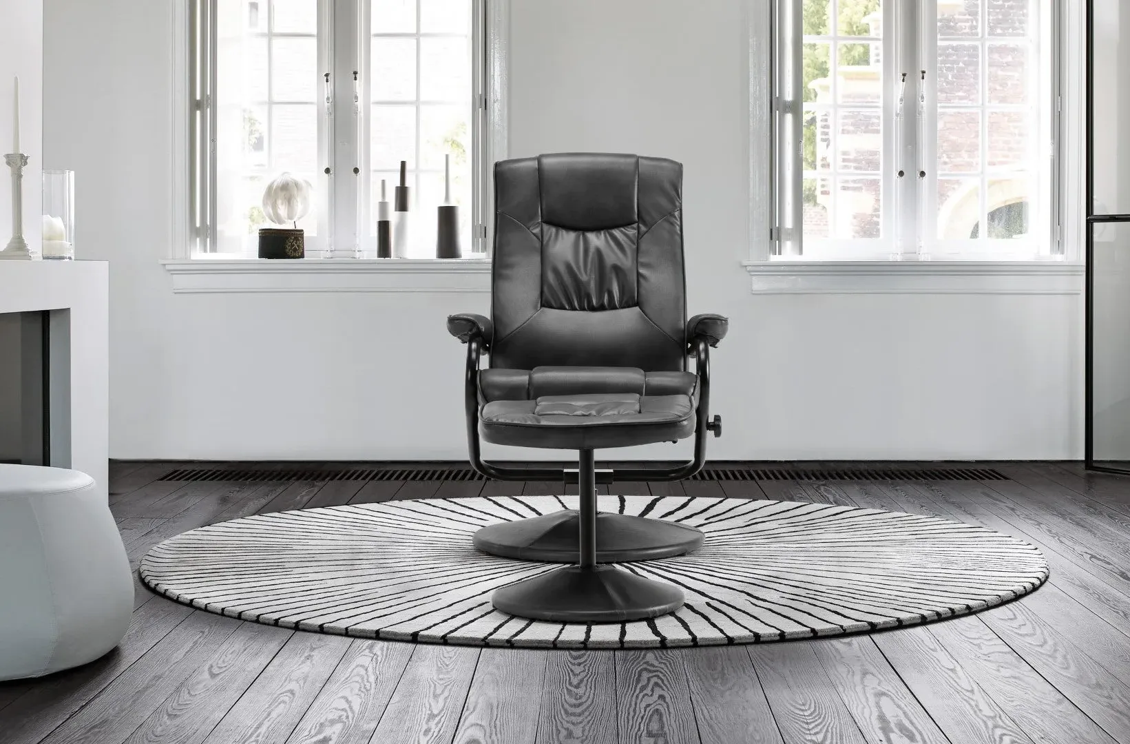 Swivel Chair with Footstool - Black, Faux Leather image
