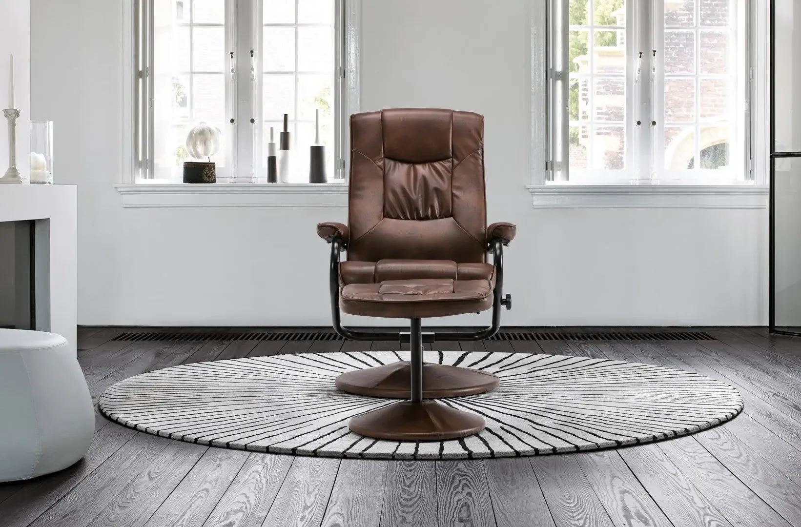 Swivel Chair with Footstool - Tan, Faux Leather