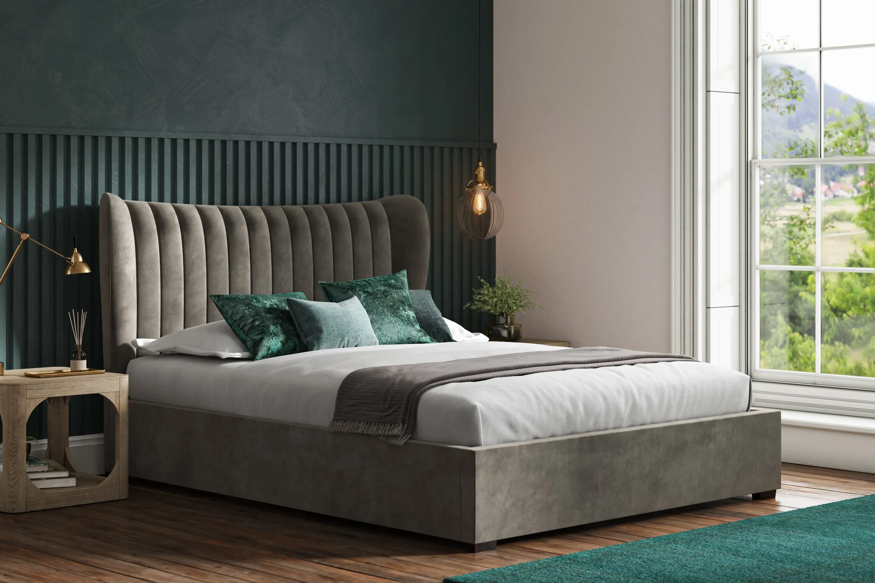 Double Ottoman Bed with Winged Headboard - Grey, Velvet image