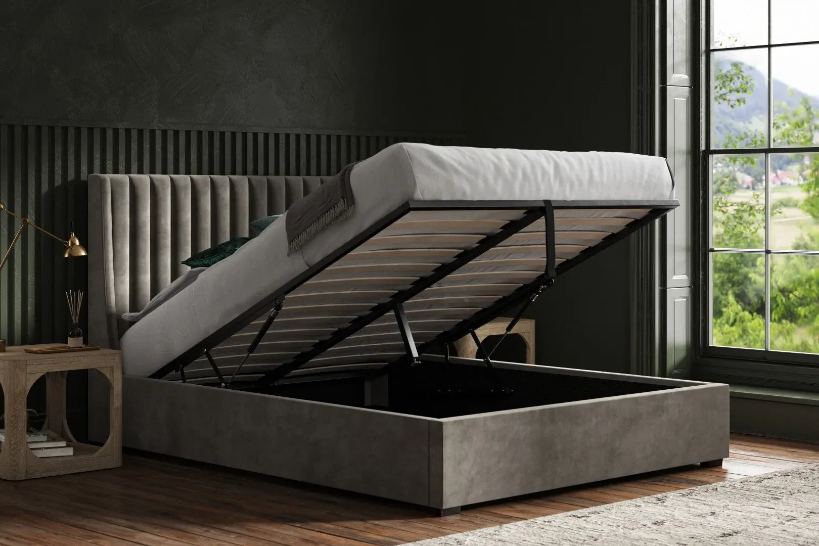 King Size Ottoman Bed Frame with Storage - Grey, Velvet