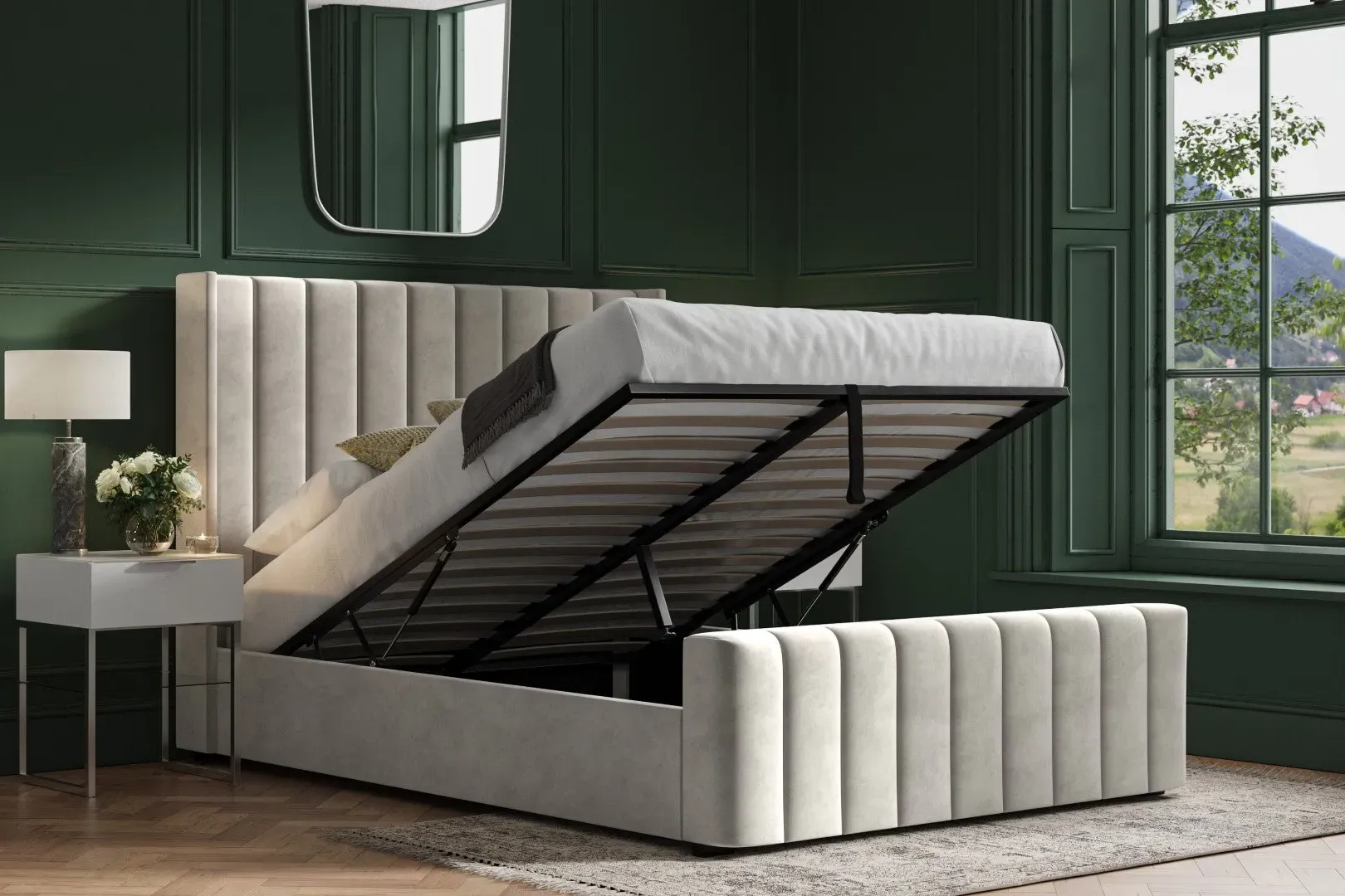 Super King Ottoman Bed with Storage - Grey, Velvet