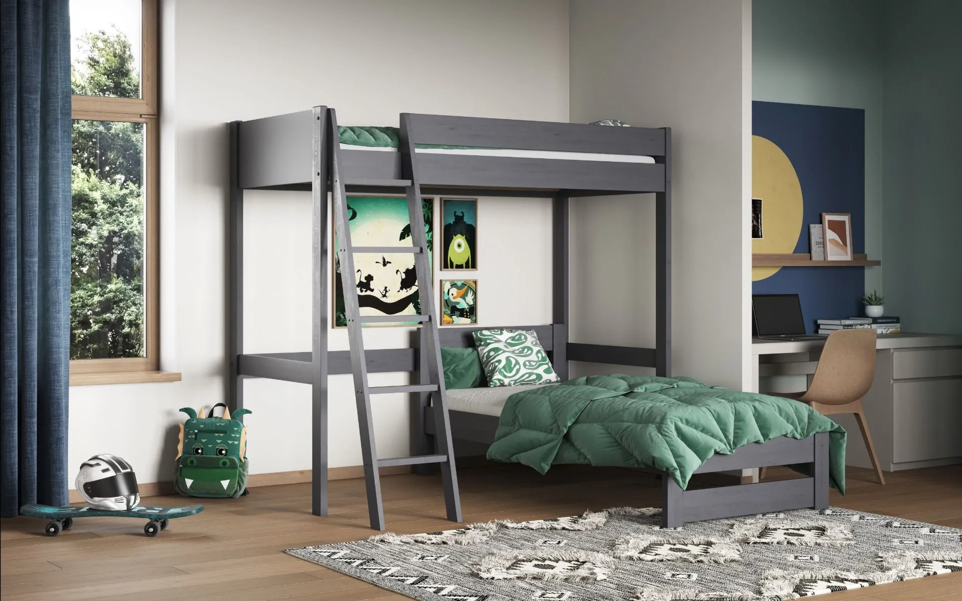 4ft6 Double High Sleeper with L-Shaped Bed - Grey, Pine