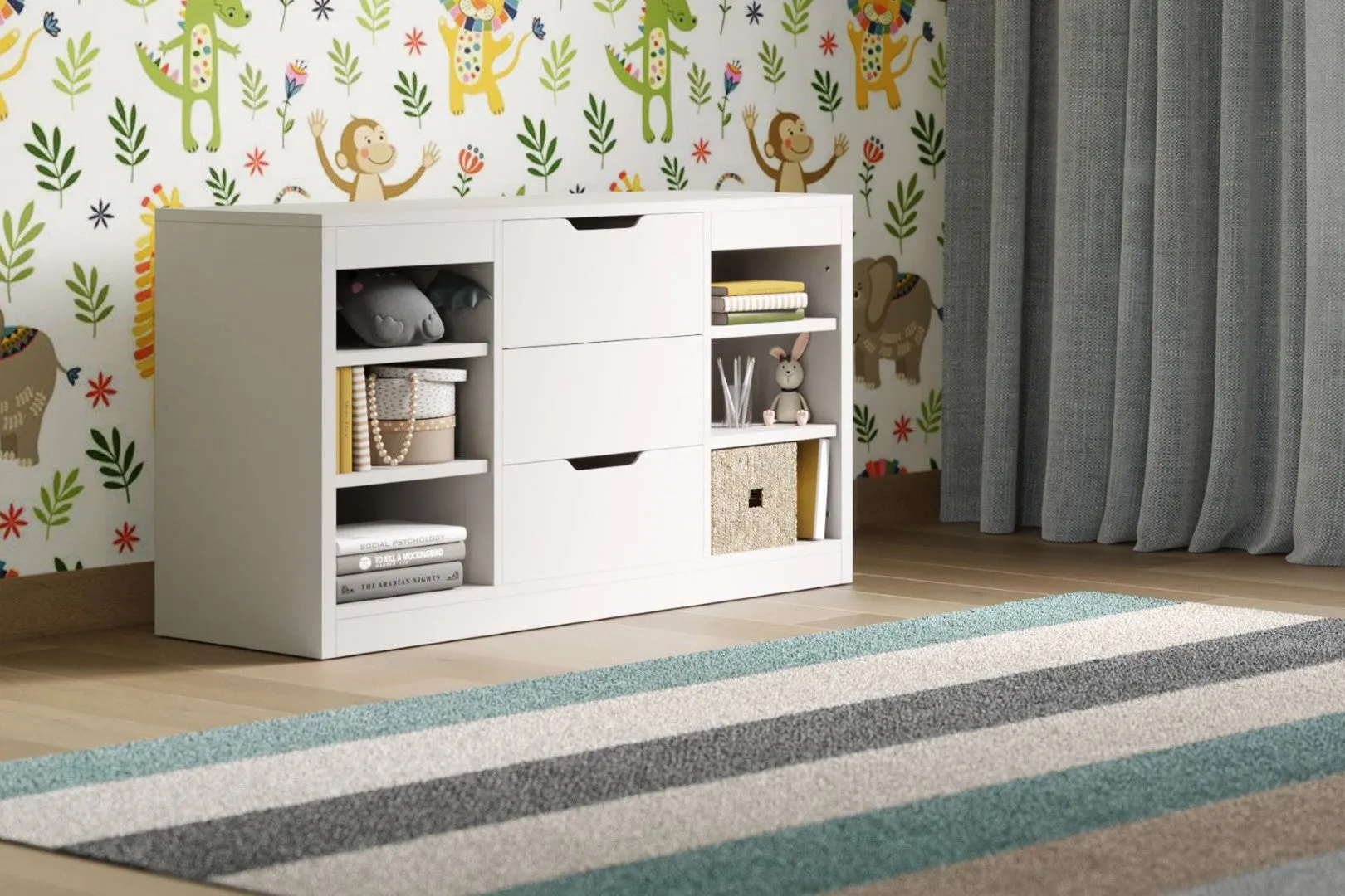 6-Shelf Drawer Unit with Storage - White, Wood