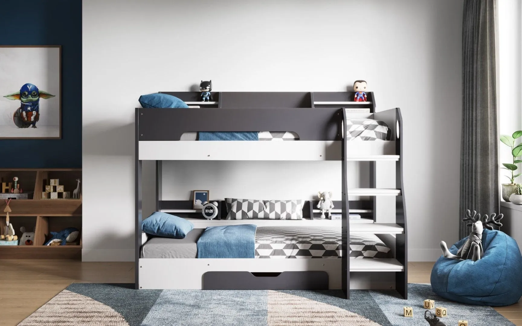 Bunk Bed with Shelves & Drawer - Grey, MDF image