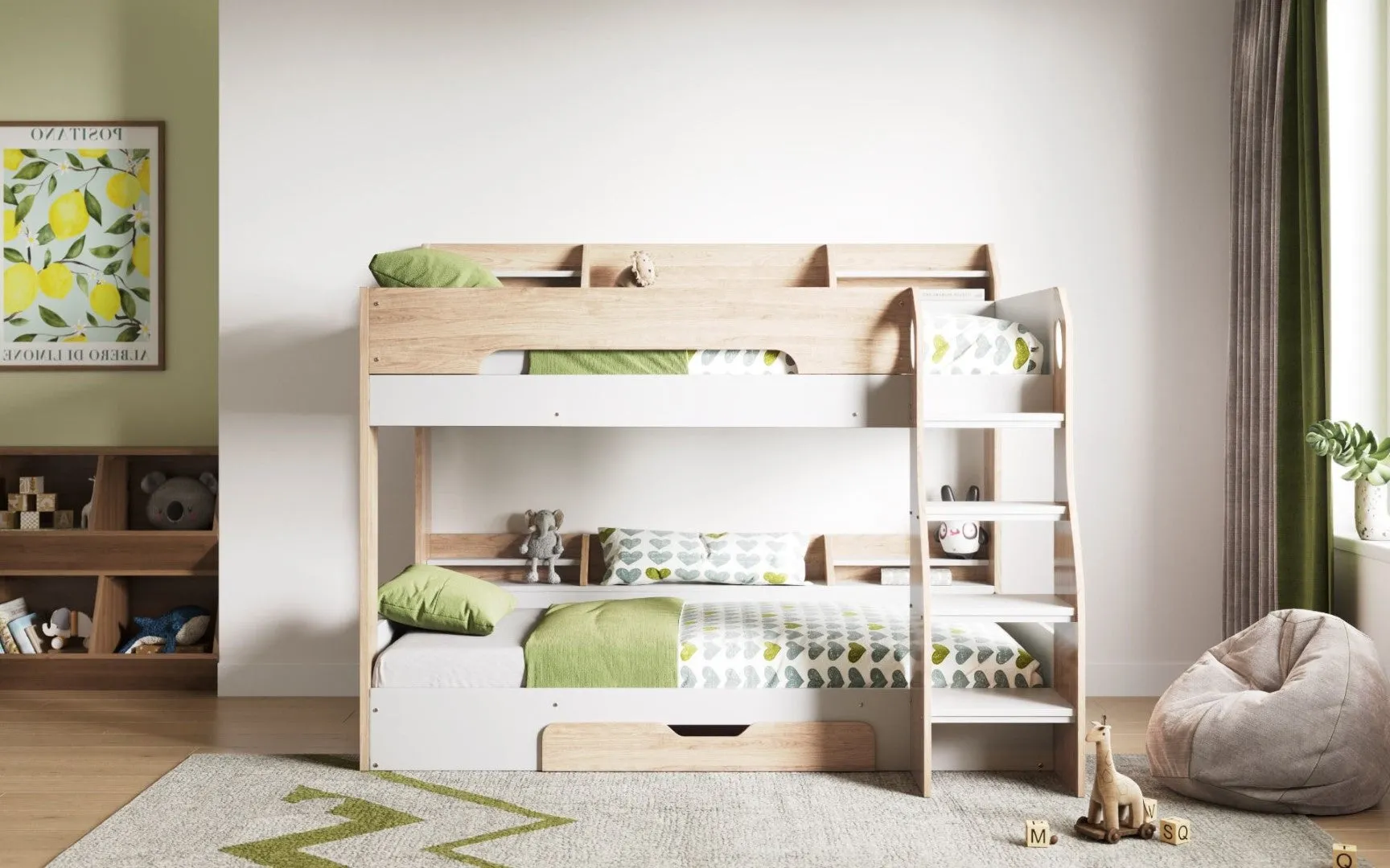 Bunk Bed with Shelves & Drawer - Oak, MDF image