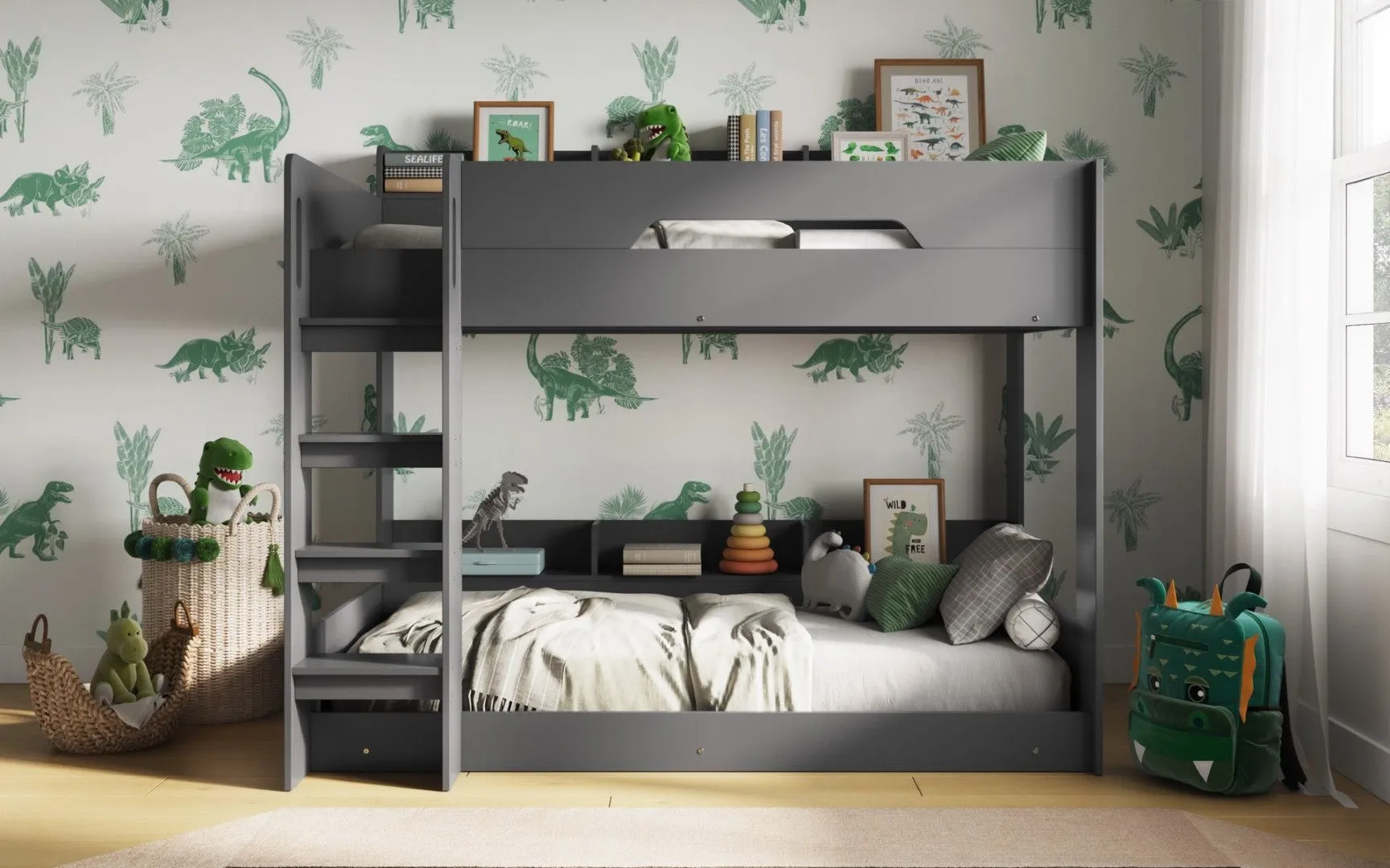 Bunk Bed with Storage Shelves - Grey, MDF image