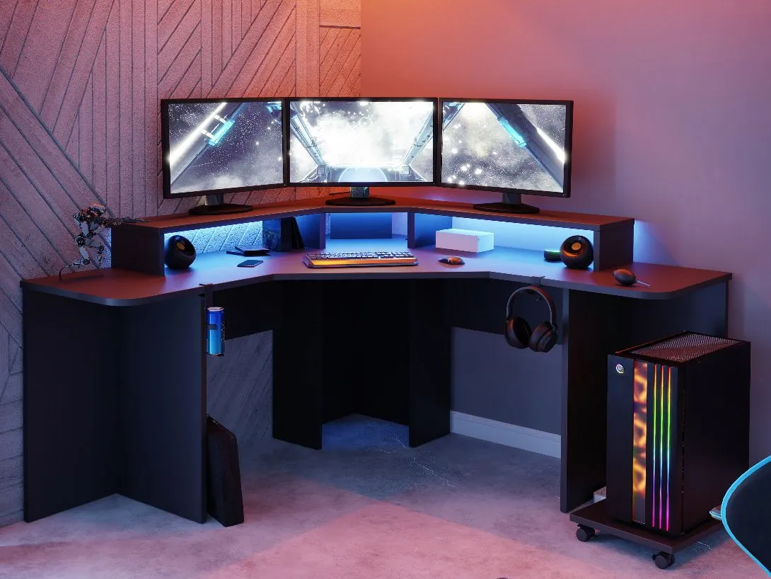 Corner Gaming Desk with LED Lighting - Black image