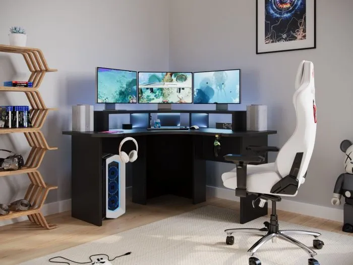 Corner Gaming Desk with LED Strip - Black image
