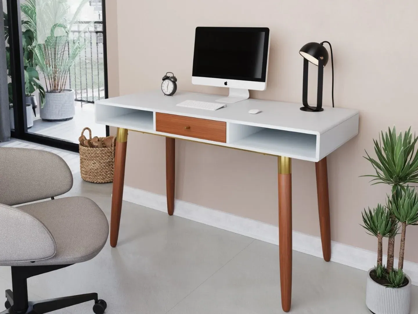 Desk with Storage - Walnut & White, Rubber Wood