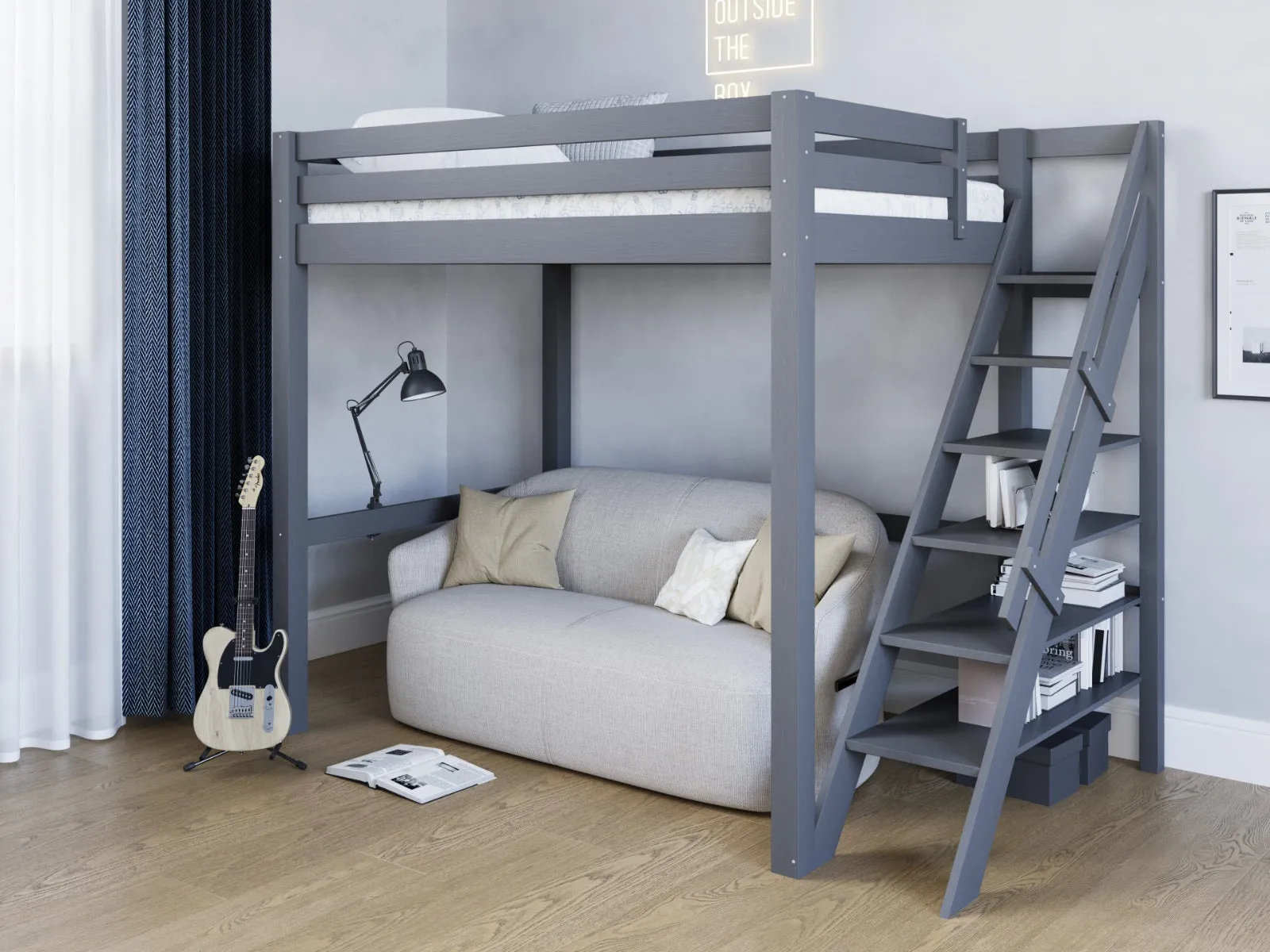 Double Loft Bed with Bookcase Steps - Grey, Pine image