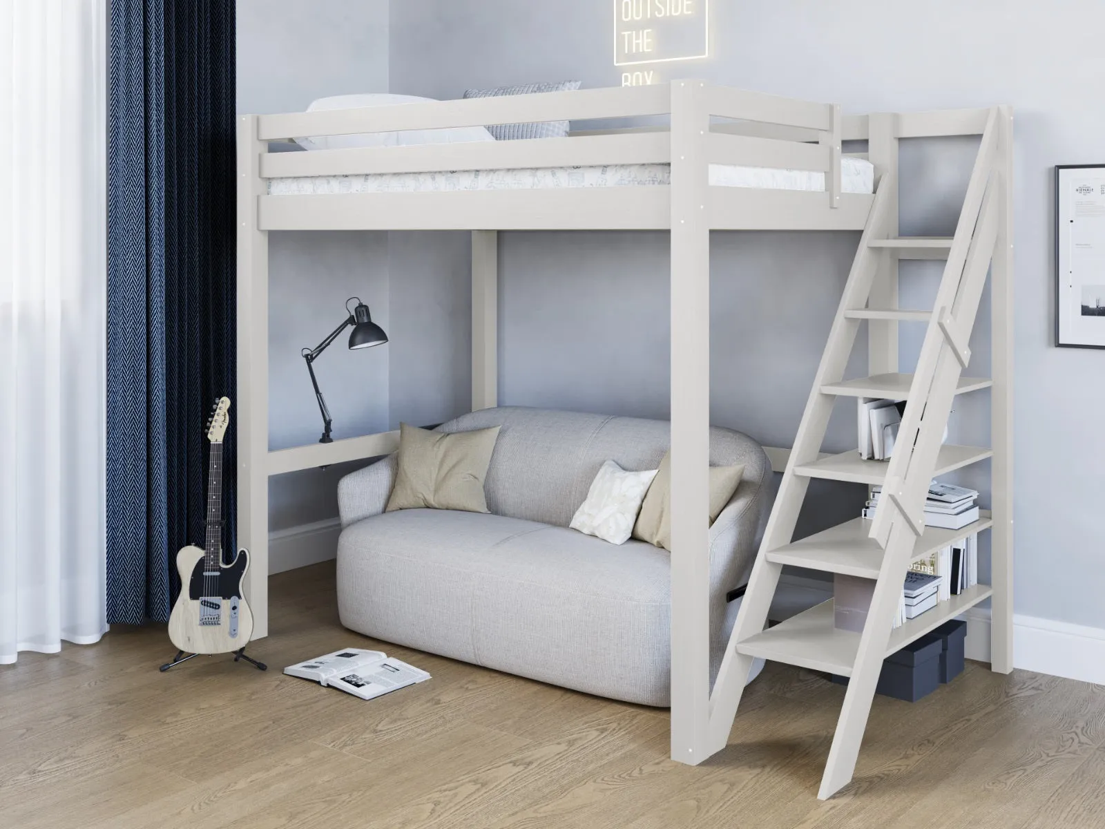 Double Loft Bed with Bookcase Steps - White, Pine