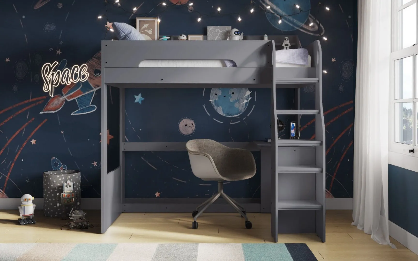High Sleeper Bed with Desk - Grey, Particle Board image