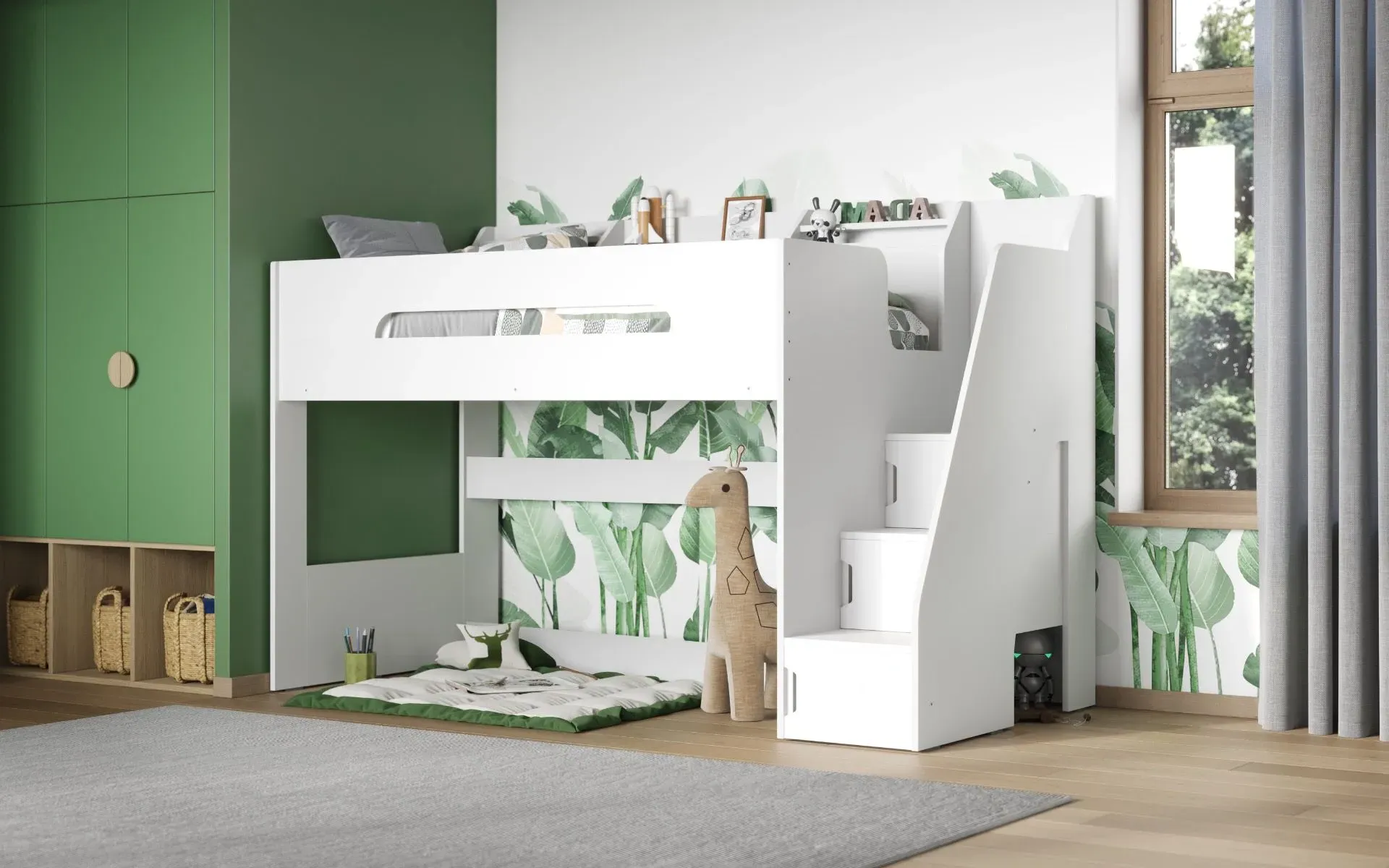 High Sleeper Bed with Stairs - White, MDF image